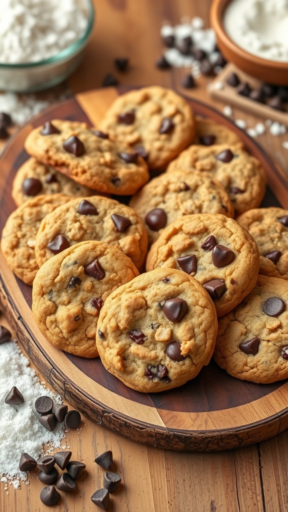 An assortment of deliciously baked cookies including chocolate chip, oatmeal raisin, and ginger molasses on a wooden platter.